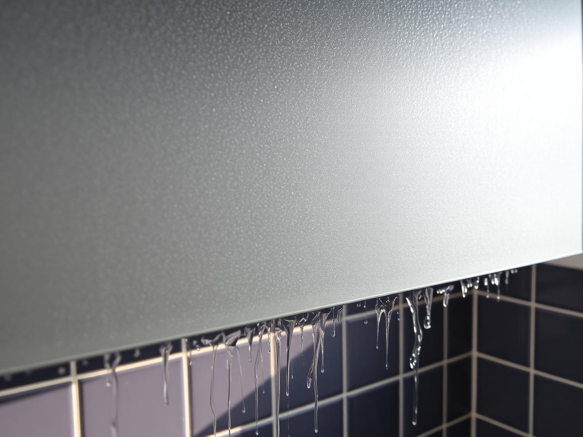 A bathroom mirror still fogged with condensation running down it long after a shower