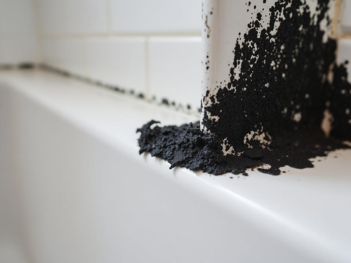 Black mould growing along the white silicone sealant at the edge of a bath