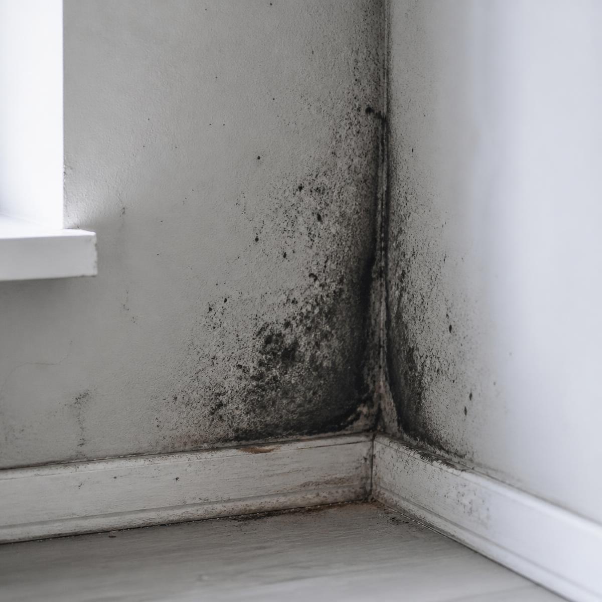 Black mould growth in the cold corner of a bedroom wall above the skirting
