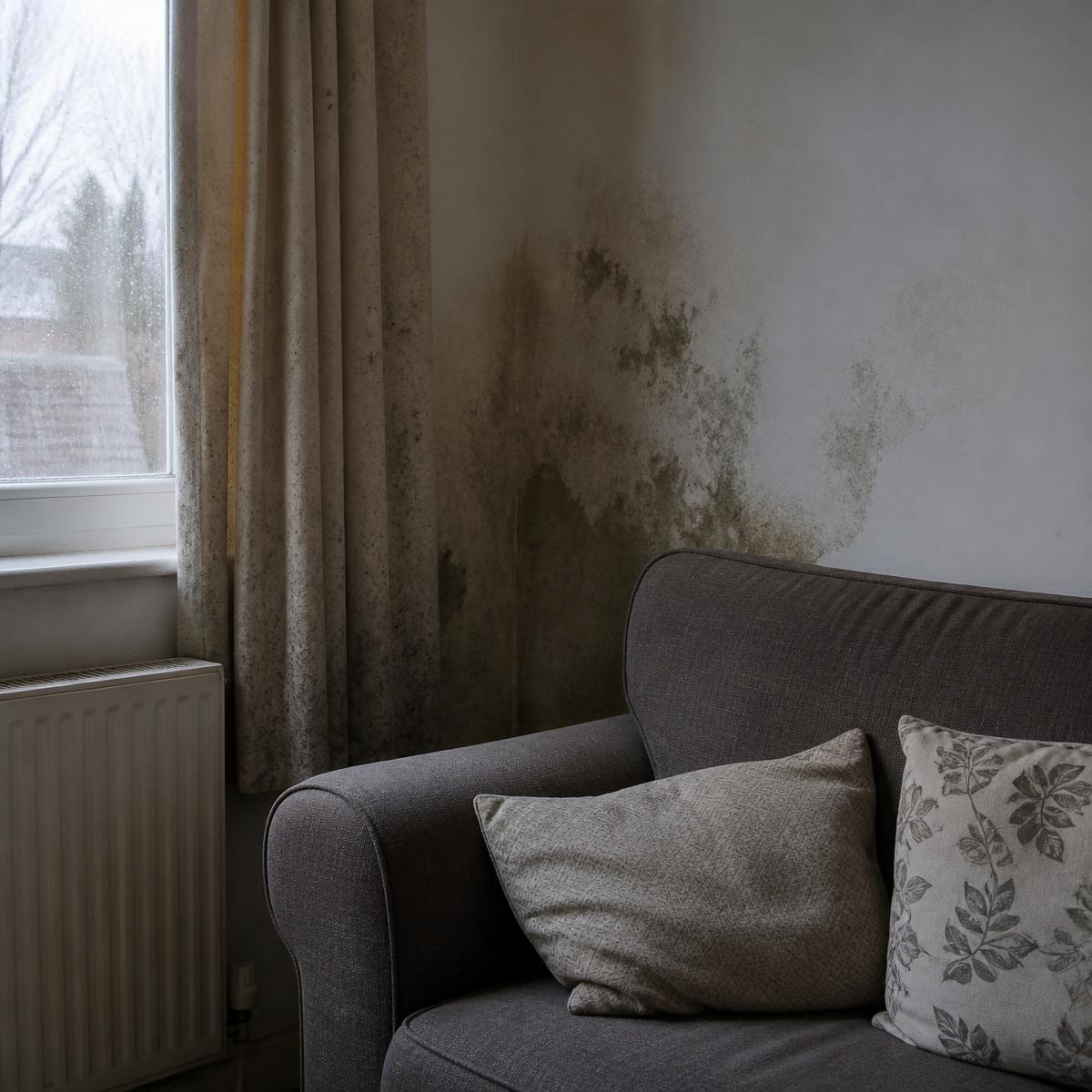 A damp cold room with mould on the wall and a condensation-covered window