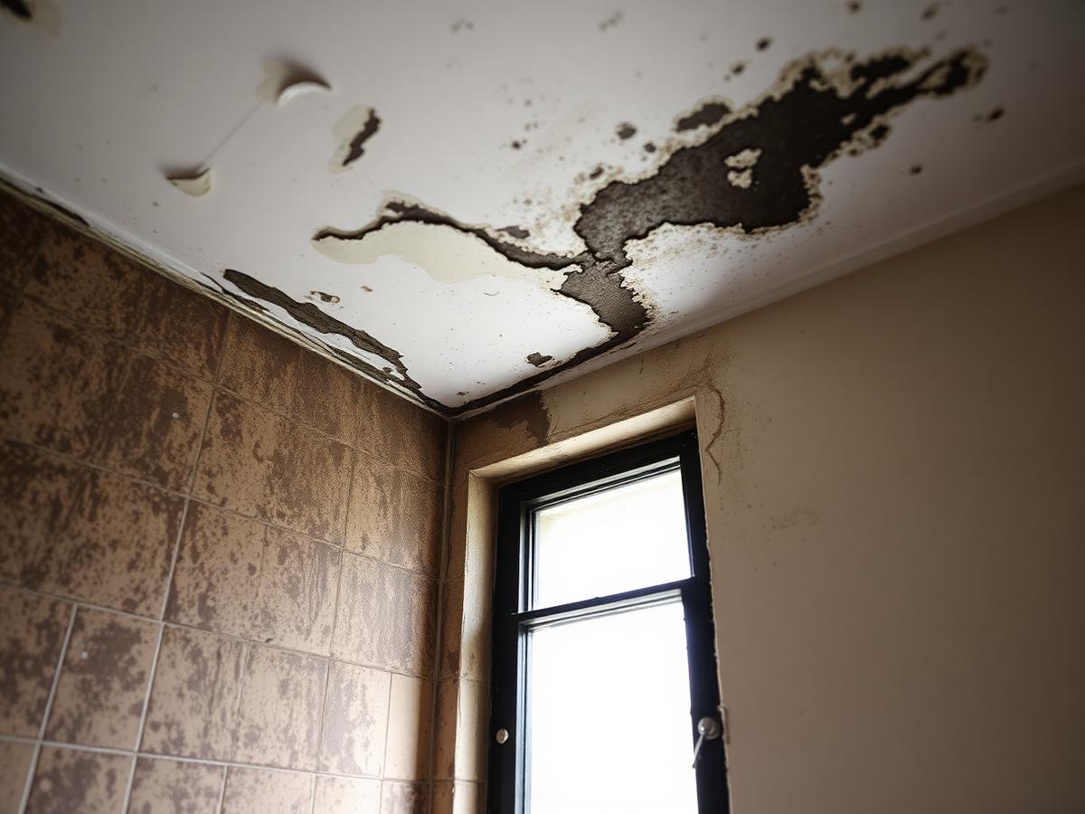 Advanced condensation damage: peeling ceiling paint, dark mould staining across the corner and blackened window reveals